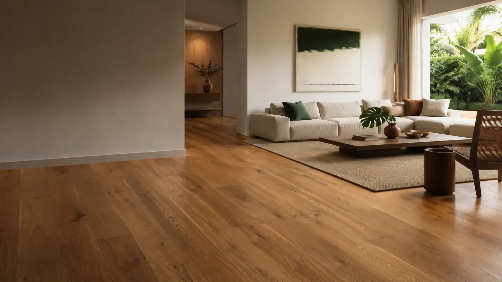 Sala residencial com piso amadeirado, sofá claro e jardim ao fundo