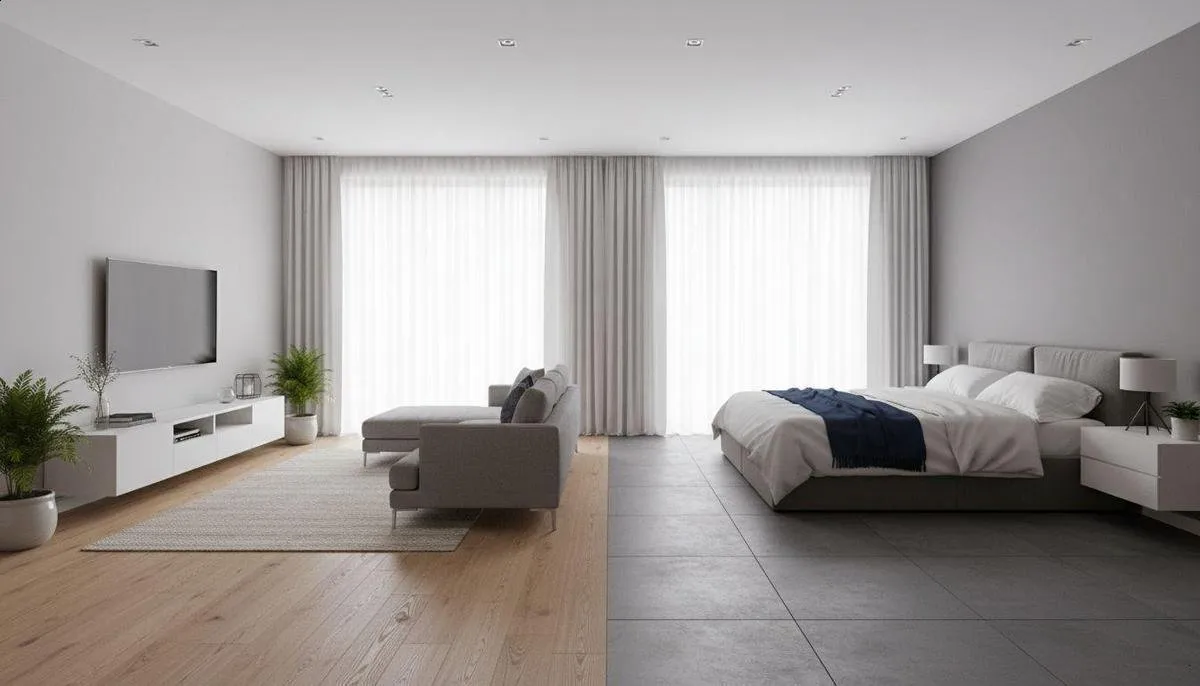 Quarto com piso amadeirado conceitual e luz natural