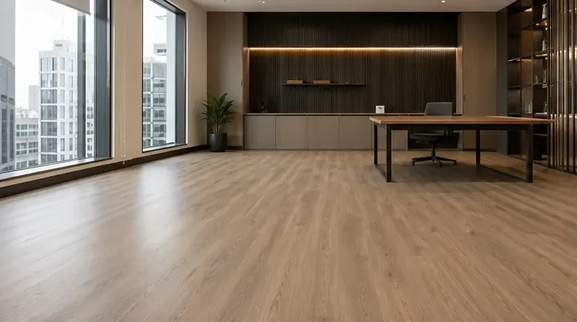 Escritório conceitual com piso amadeirado, mesa e cadeira de rodízio