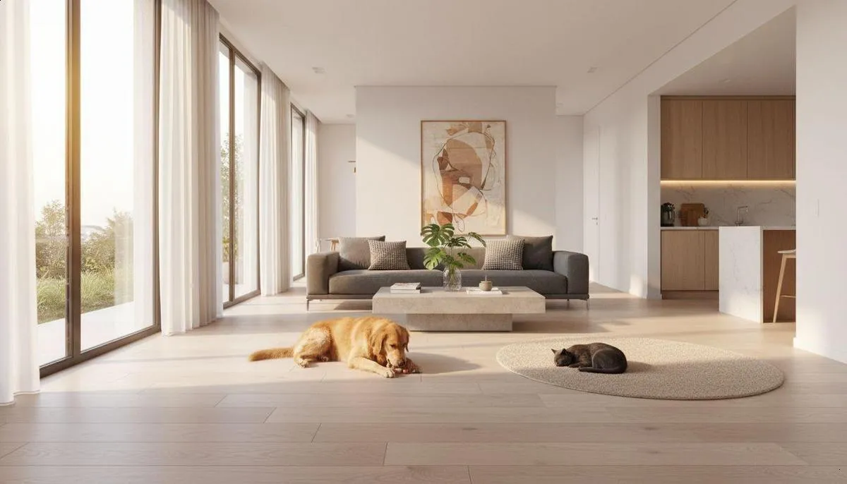 Interior residencial conceitual com piso claro, associado a casa com animais